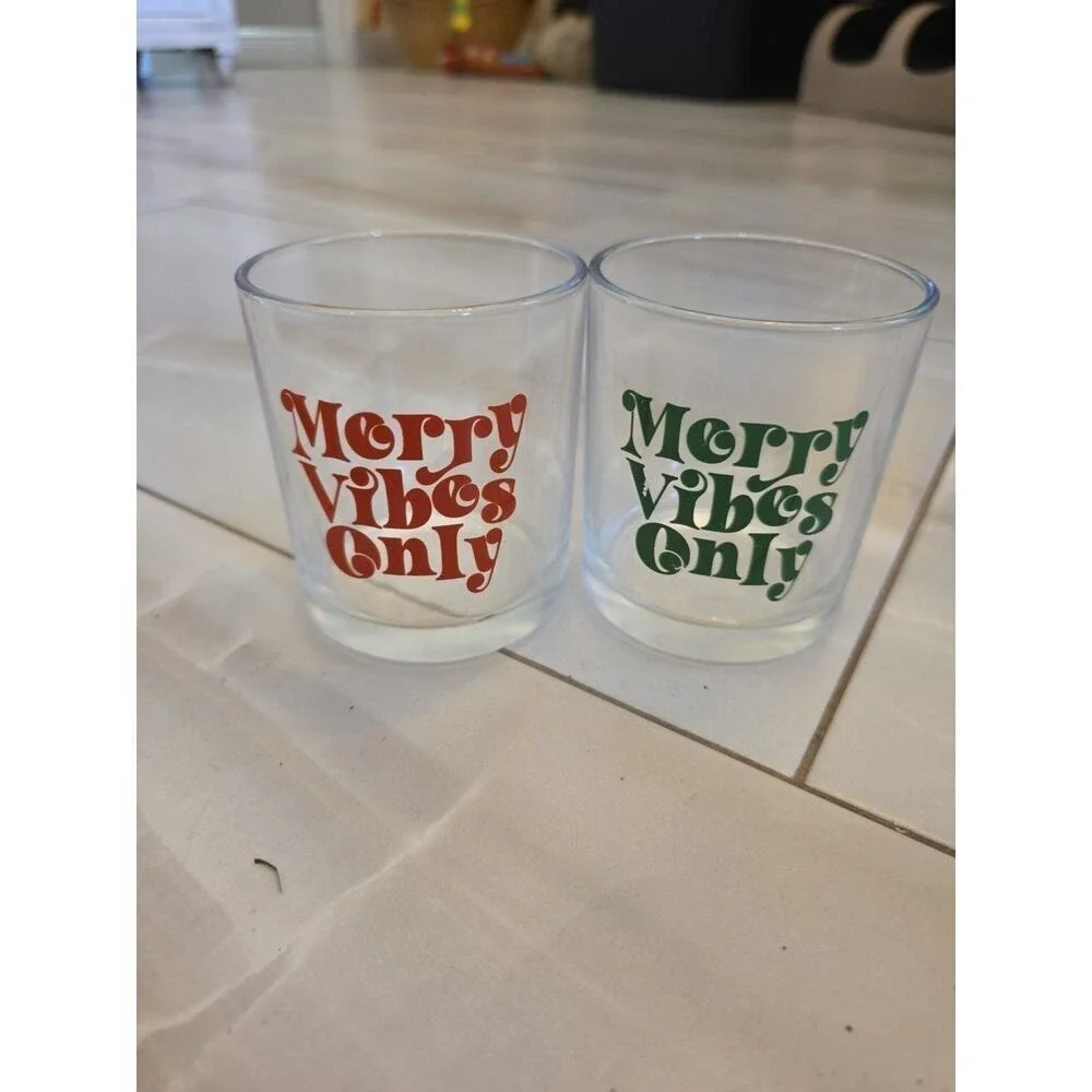 Set of 2 MERRY VIBES ONLY‎ Christmas Lowball Glass Tumblers 10.25 oz. Each